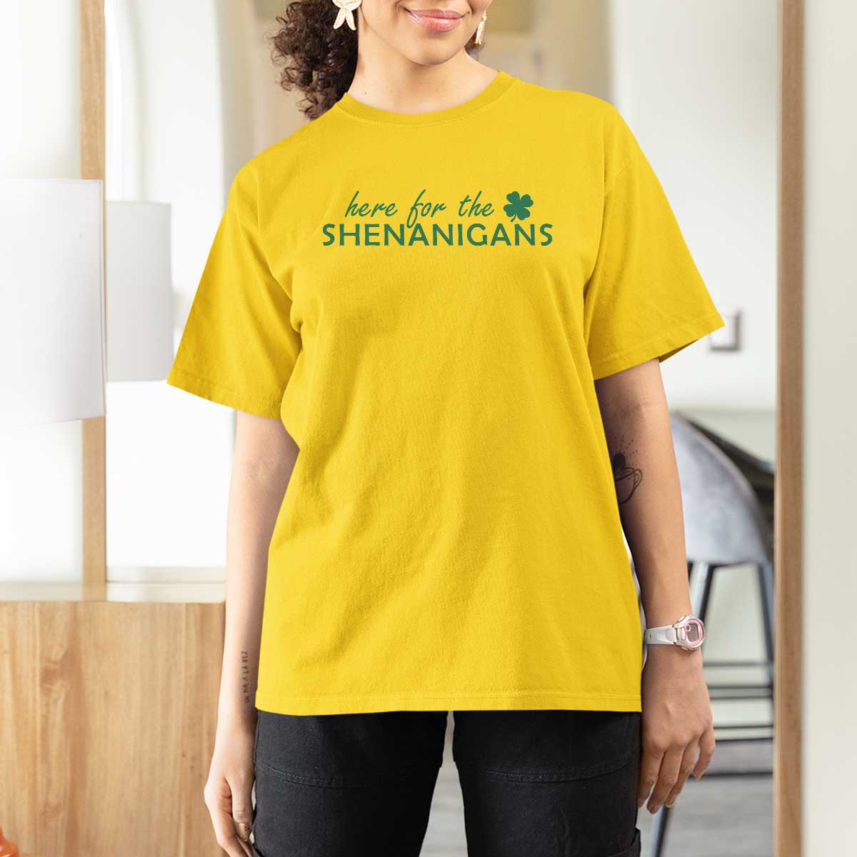 Funny Irish St Patricks Day T Shirt For Women Here For The Shenanigan Shamrock