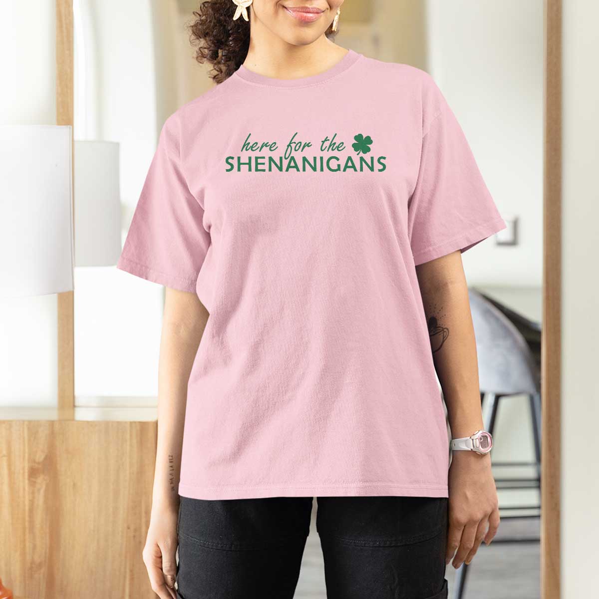 Funny Irish St Patricks Day T Shirt For Women Here For The Shenanigan Shamrock