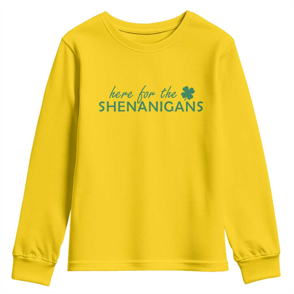 Funny Irish St Patricks Day Youth Sweatshirt Here For The Shenanigan Shamrock