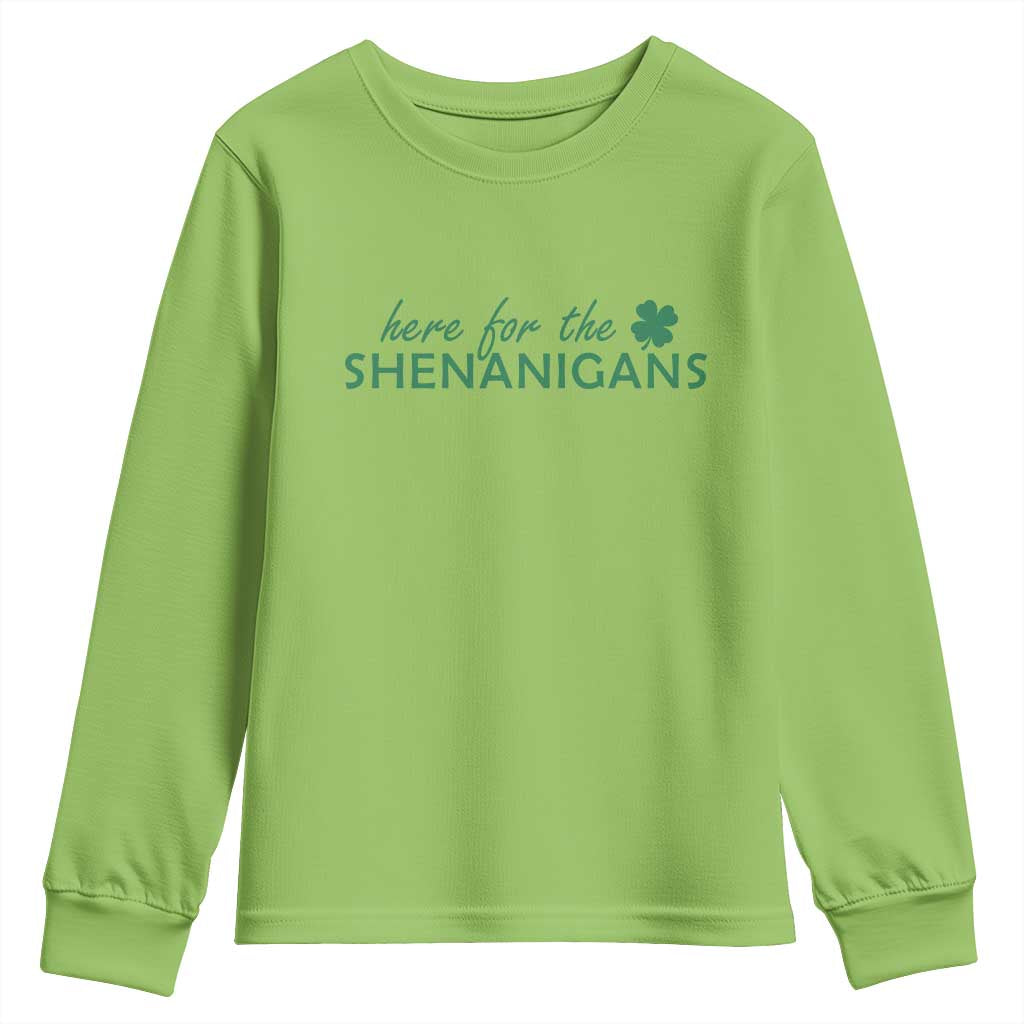 Funny Irish St Patricks Day Youth Sweatshirt Here For The Shenanigan Shamrock