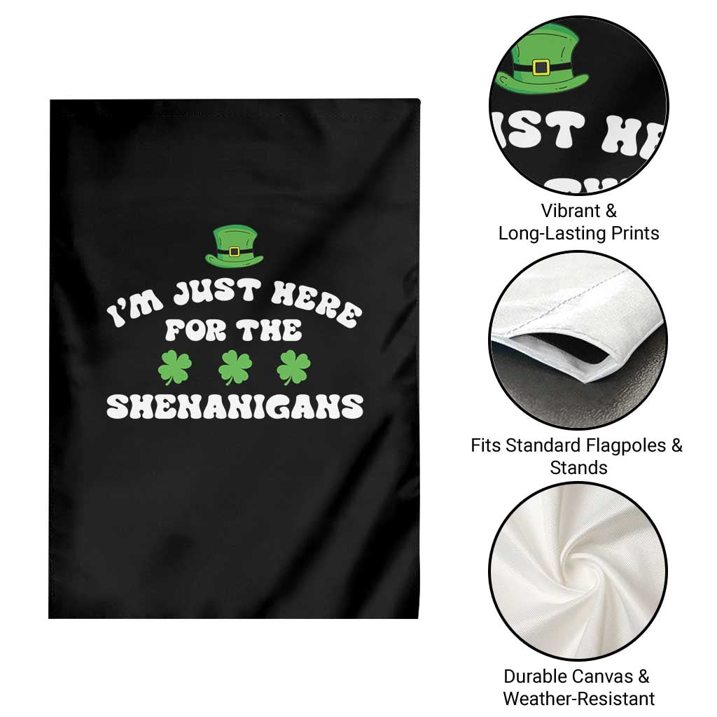 Funny Irish St Patricks Day Garden Flag I'm Just Here For The Shenanigans Shamrock