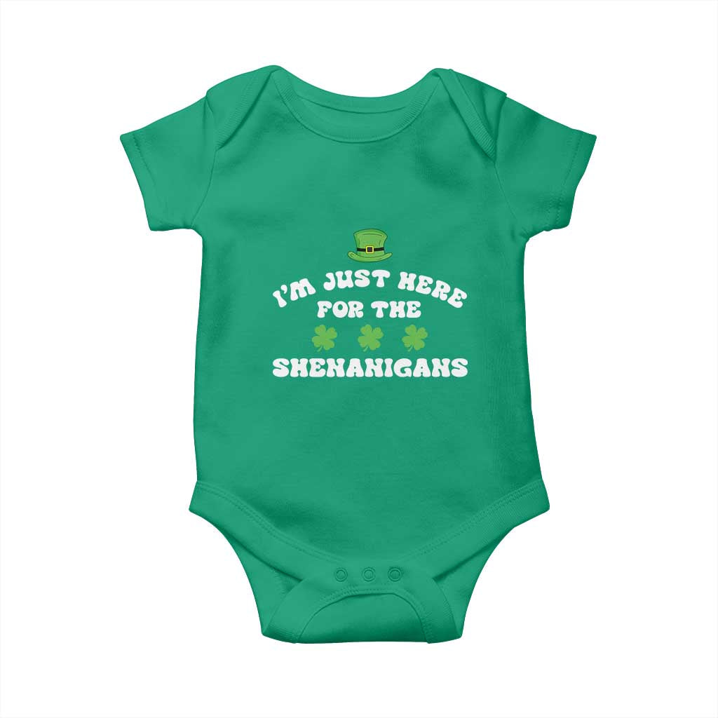 Funny Irish St Patricks Day Baby Onesie I'm Just Here For The Shenanigans Shamrock