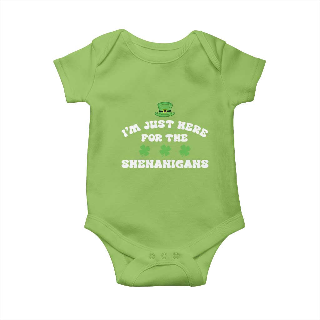Funny Irish St Patricks Day Baby Onesie I'm Just Here For The Shenanigans Shamrock