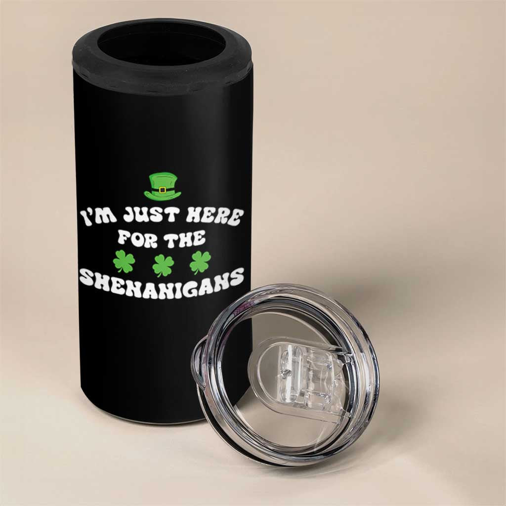 Funny Irish St Patricks Day 4 in 1 Can Cooler Tumbler I'm Just Here For The Shenanigans Shamrock