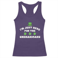 Funny Irish St Patricks Day Racerback Tank Top I'm Just Here For The Shenanigans Shamrock