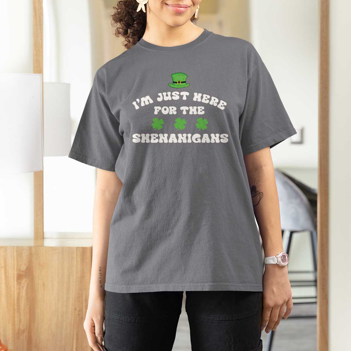 Funny Irish St Patricks Day T Shirt For Women I'm Just Here For The Shenanigans Shamrock