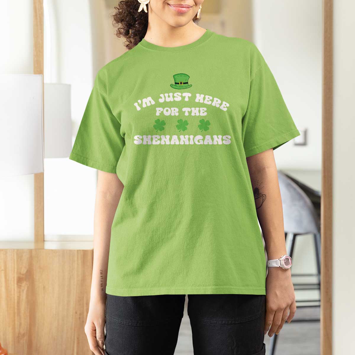 Funny Irish St Patricks Day T Shirt For Women I'm Just Here For The Shenanigans Shamrock