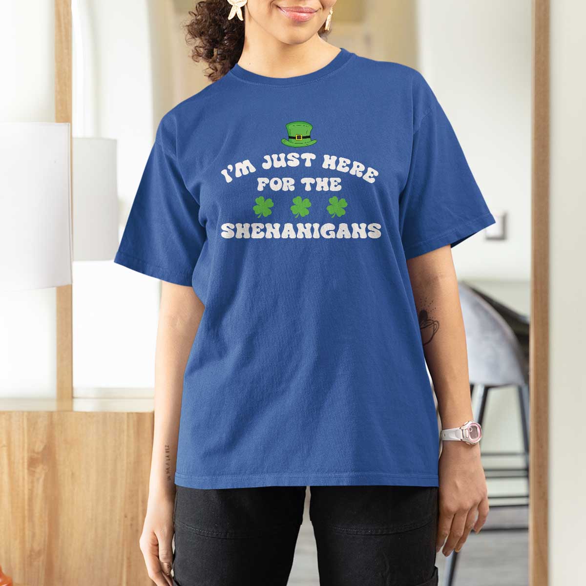 Funny Irish St Patricks Day T Shirt For Women I'm Just Here For The Shenanigans Shamrock