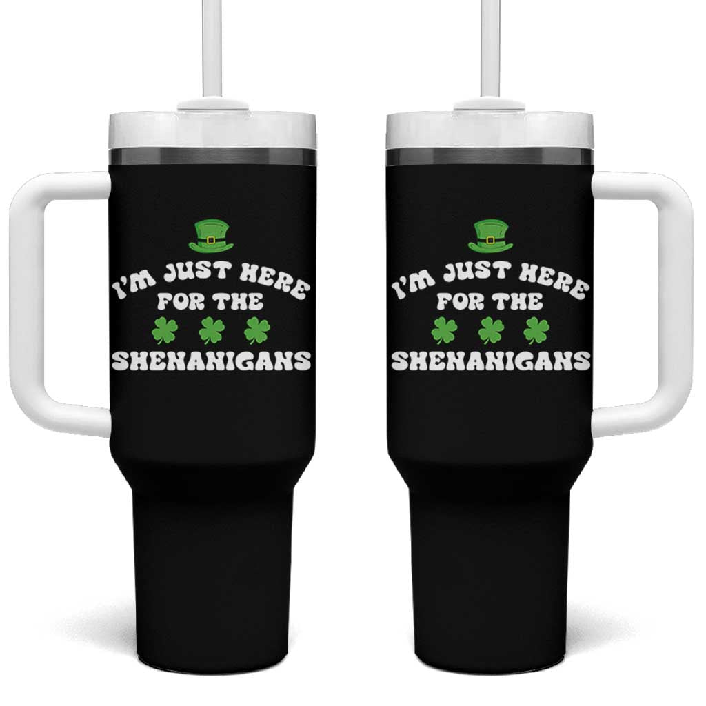 Funny Irish St Patricks Day Tumbler With Handle I'm Just Here For The Shenanigans Shamrock