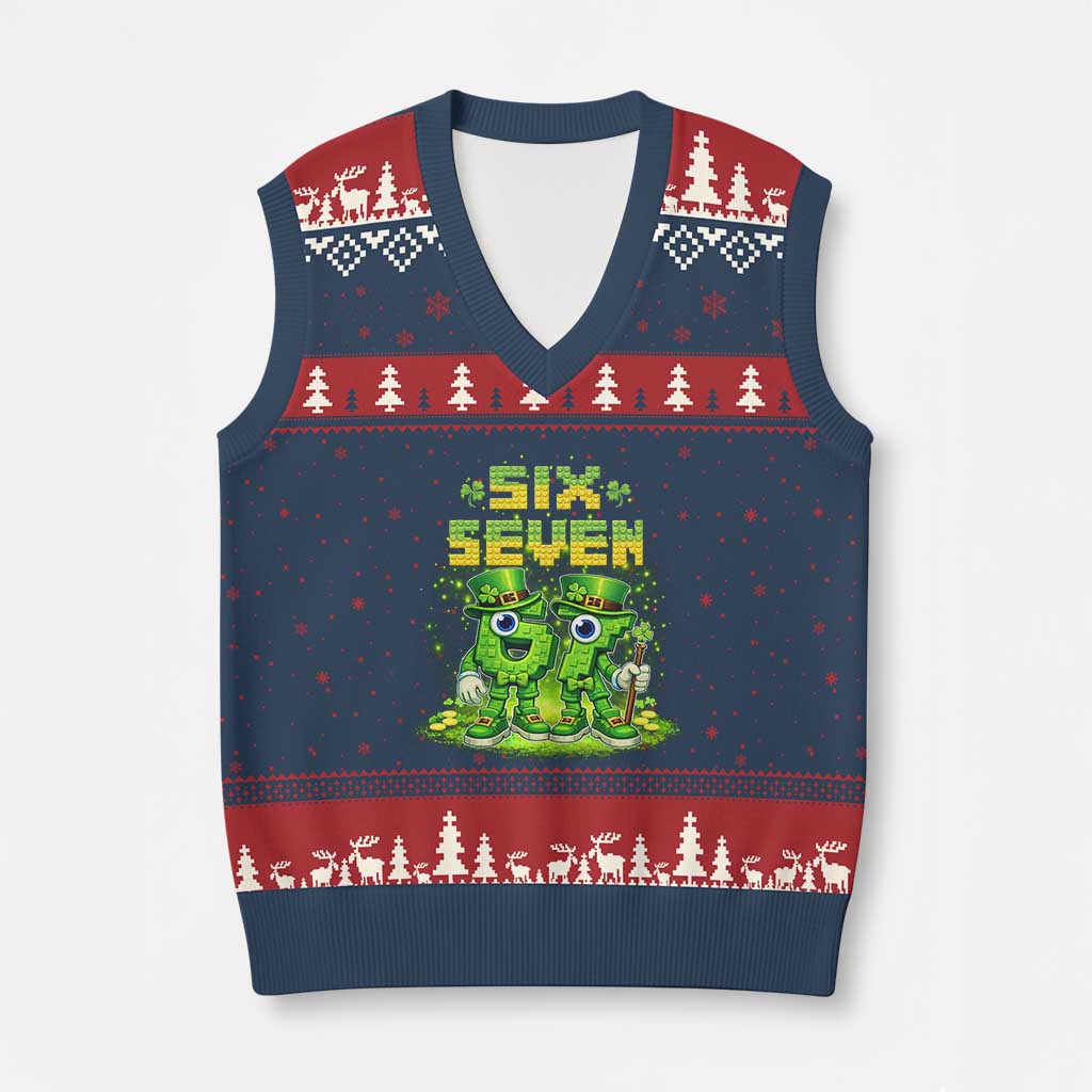 Funny Irish St Patricks Day 67 V-Neck Knit Sweater Vest Six Seven Brainrot Italian Gaming 6 7 Meme Gen Alpha Slang