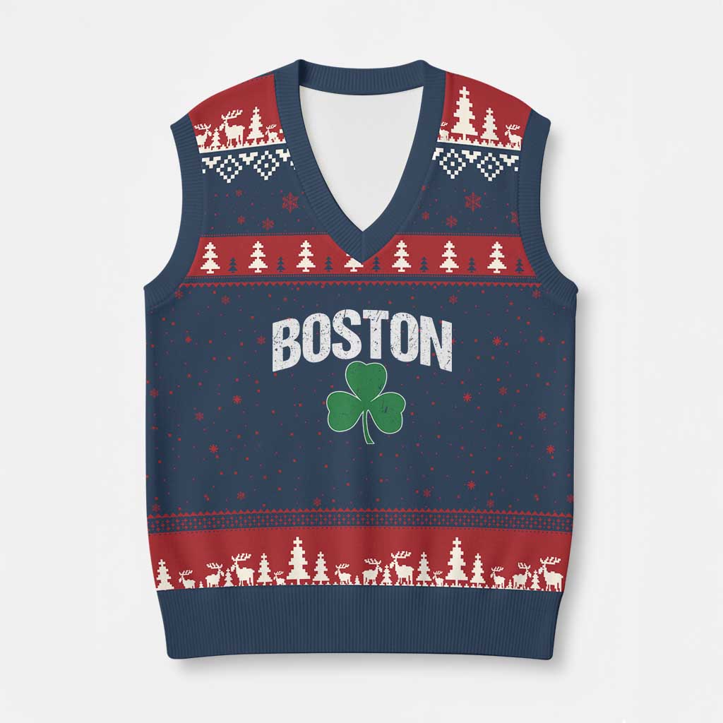 Boston V-Neck Knit Sweater Vest St Patricks Day Irish Green Shamrock Massachusetts