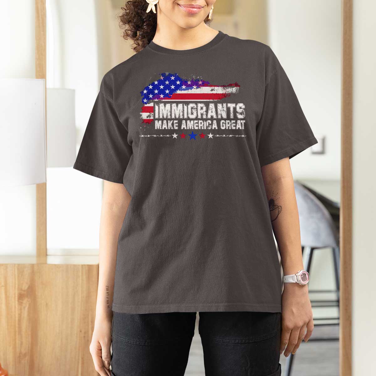 Immigrants Make America Great T Shirt For Women American Flag Pro Immigration