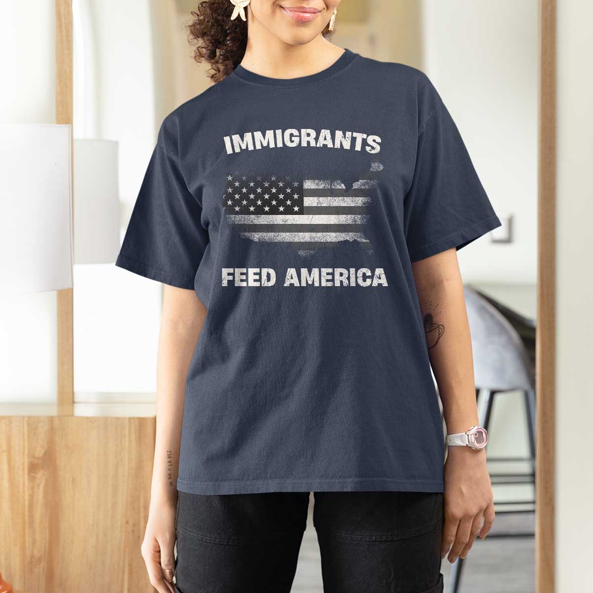 Immigrants Feed America T Shirt For Women Grunge US Flag