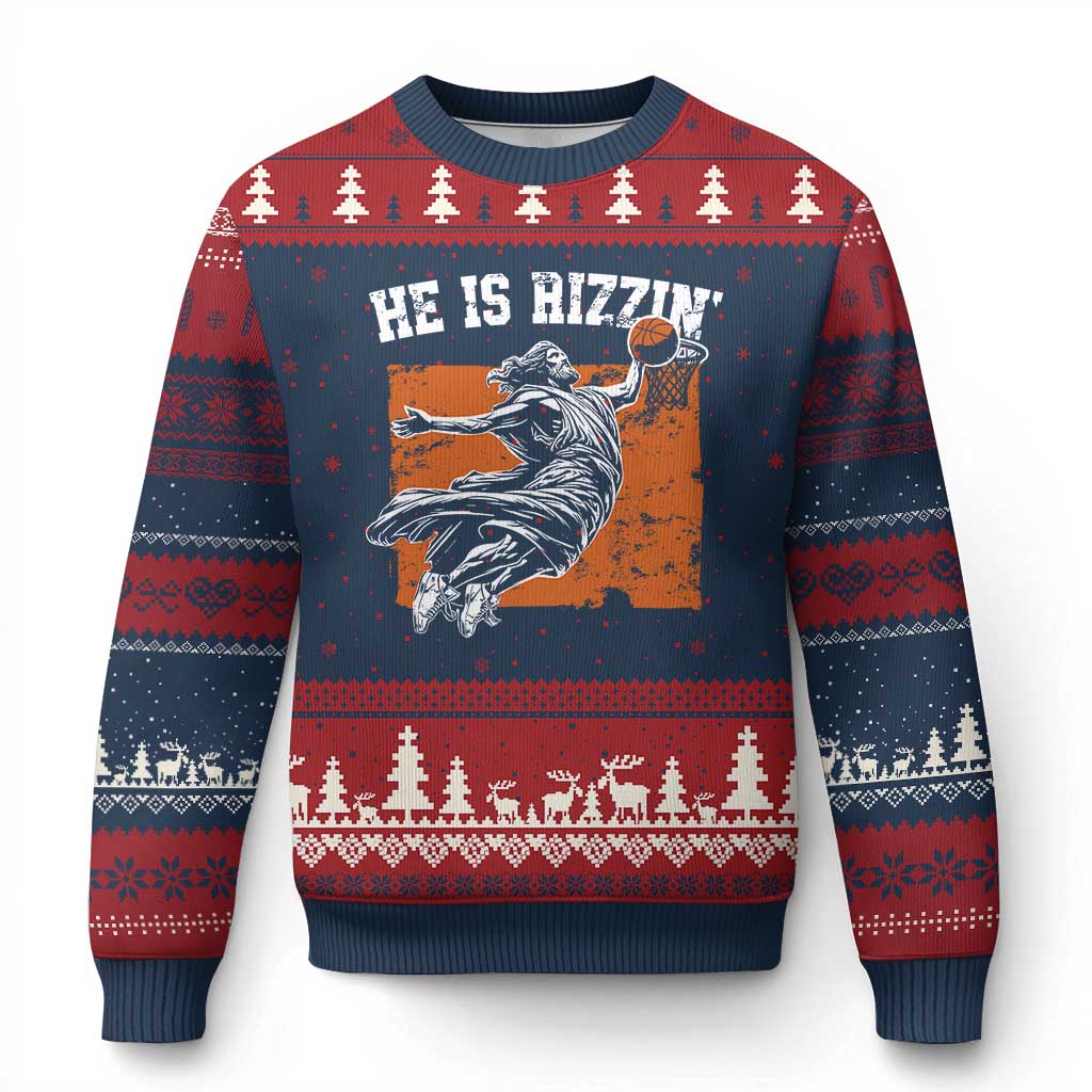 He is Rizzin Ugly Christmas Sweater Funny Jesus Playing Basketball Vintage Faith - Wonder Print Shop
