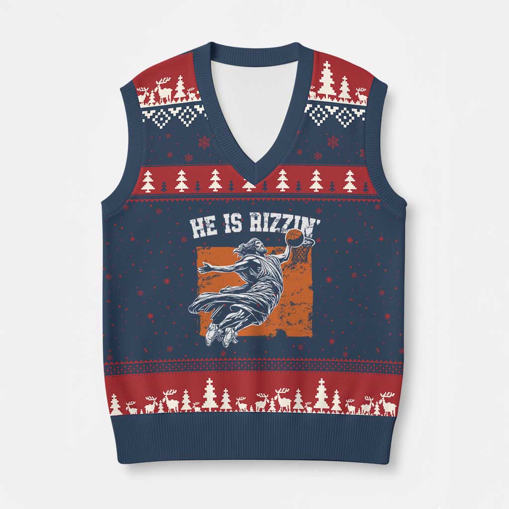He is Rizzin V-Neck Knit Sweater Vest Funny Jesus Playing Basketball Vintage Faith - Wonder Print Shop