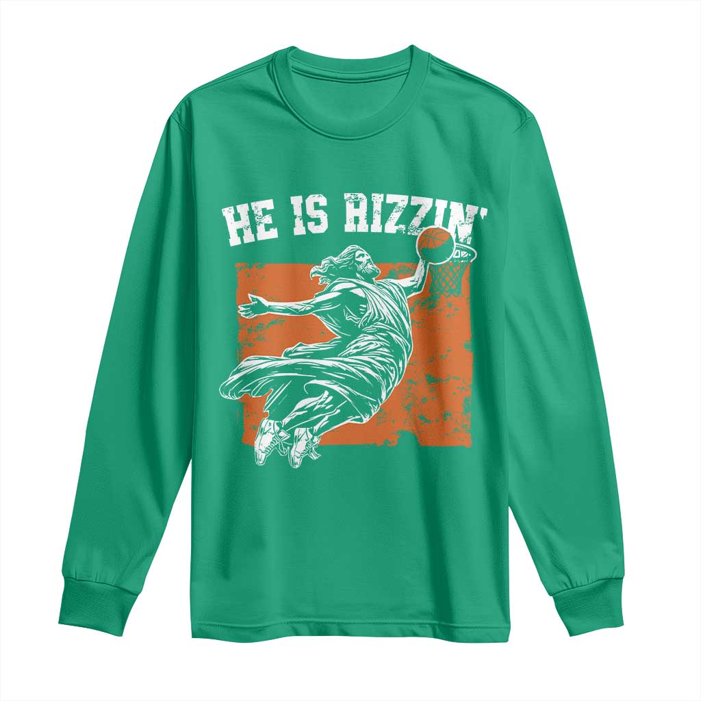 He is Rizzin Long Sleeve Shirt Funny Jesus Playing Basketball Vintage Faith - Wonder Print Shop