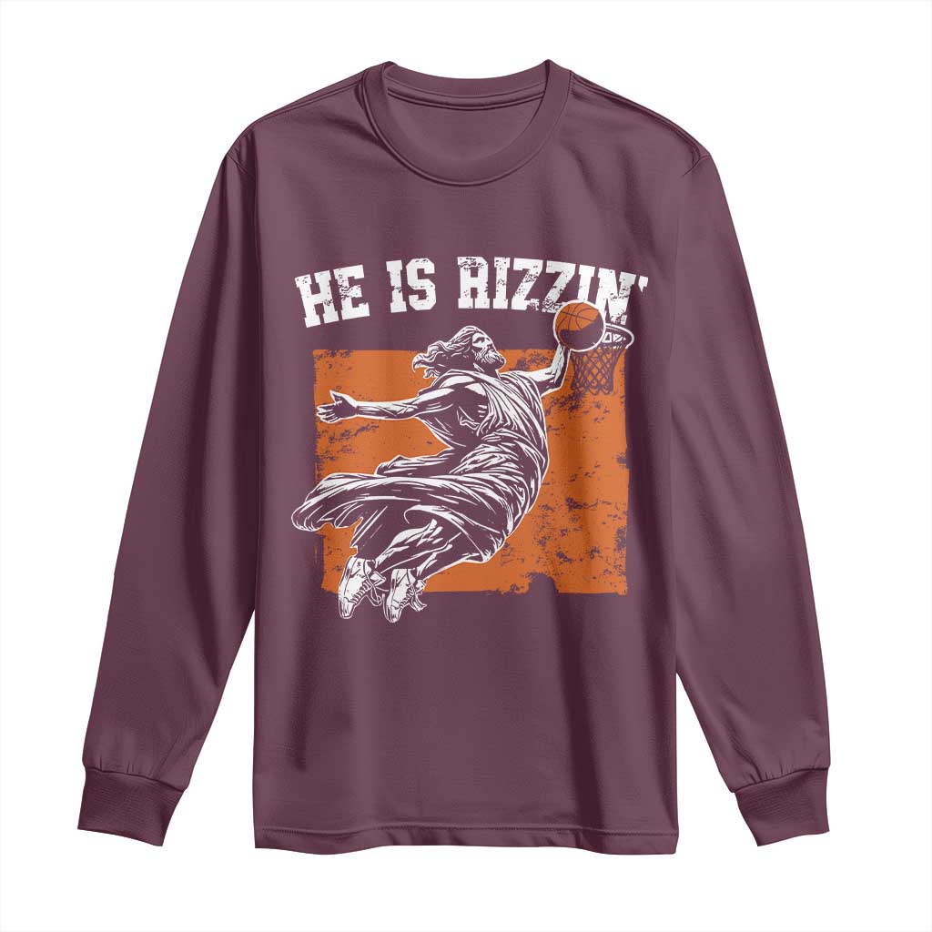 He is Rizzin Long Sleeve Shirt Funny Jesus Playing Basketball Vintage Faith - Wonder Print Shop