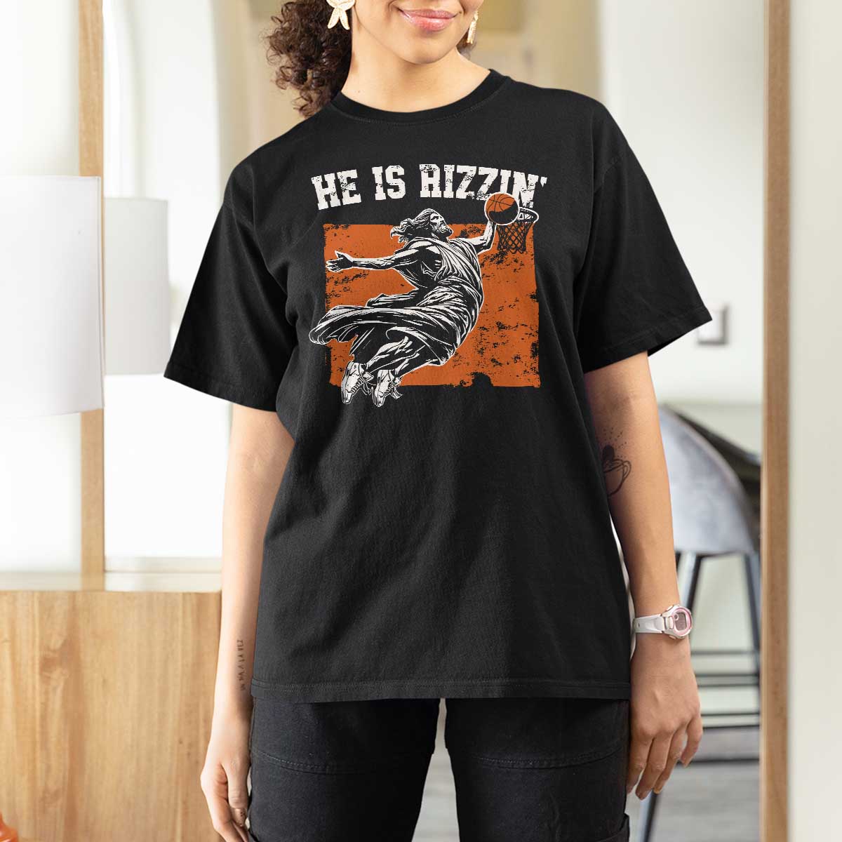 He is Rizzin T Shirt For Women Funny Jesus Playing Basketball Vintage Faith - Wonder Print Shop