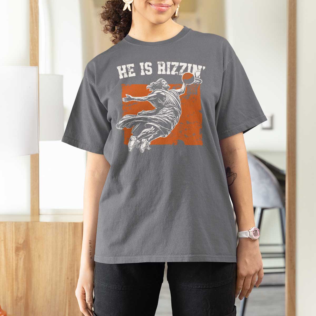 He is Rizzin T Shirt For Women Funny Jesus Playing Basketball Vintage Faith - Wonder Print Shop