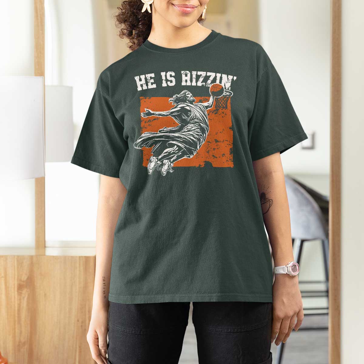 He is Rizzin T Shirt For Women Funny Jesus Playing Basketball Vintage Faith - Wonder Print Shop