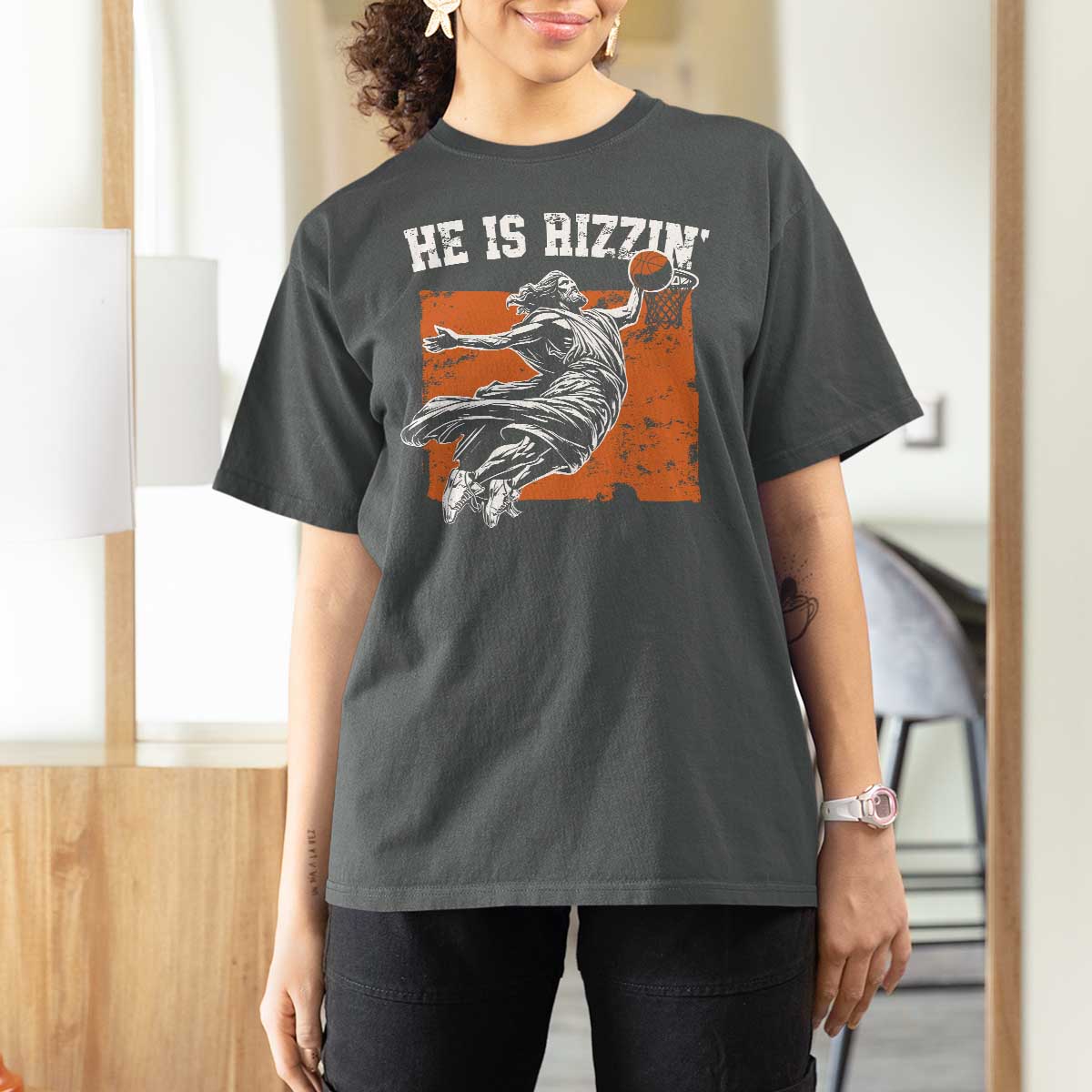 He is Rizzin T Shirt For Women Funny Jesus Playing Basketball Vintage Faith - Wonder Print Shop