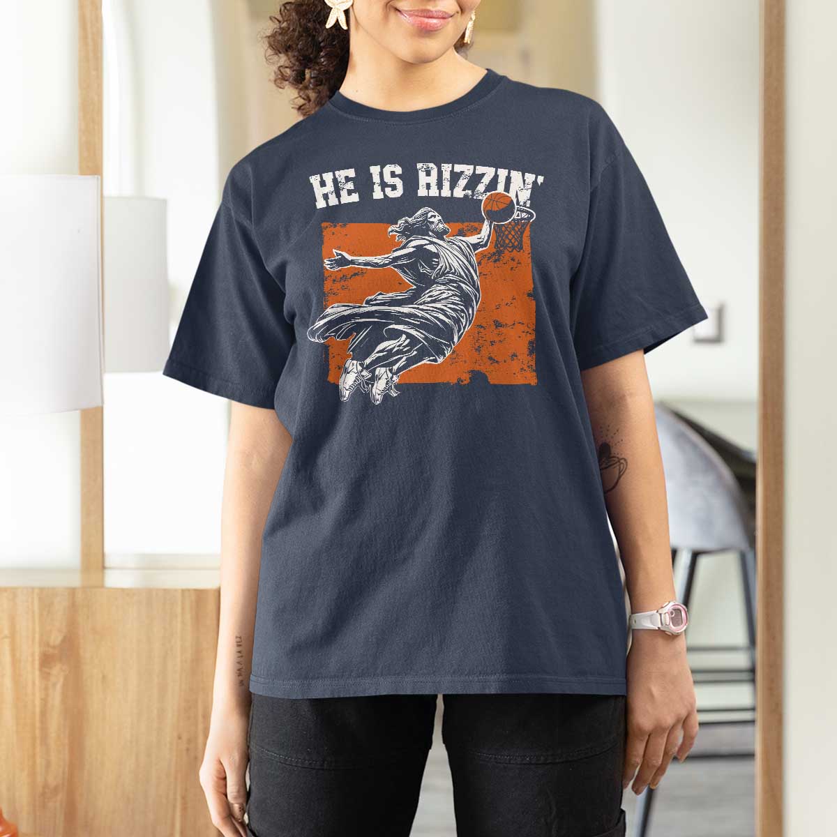 He is Rizzin T Shirt For Women Funny Jesus Playing Basketball Vintage Faith - Wonder Print Shop