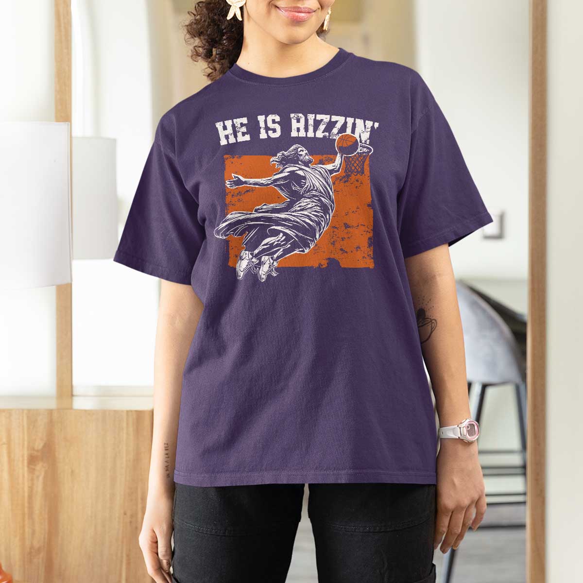 He is Rizzin T Shirt For Women Funny Jesus Playing Basketball Vintage Faith - Wonder Print Shop