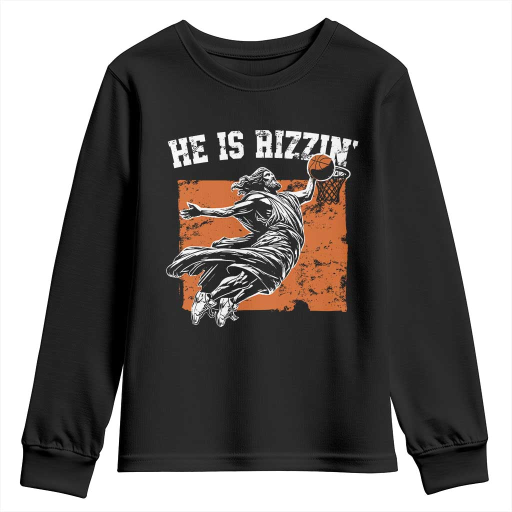 He is Rizzin Youth Sweatshirt Funny Jesus Playing Basketball Vintage Faith - Wonder Print Shop