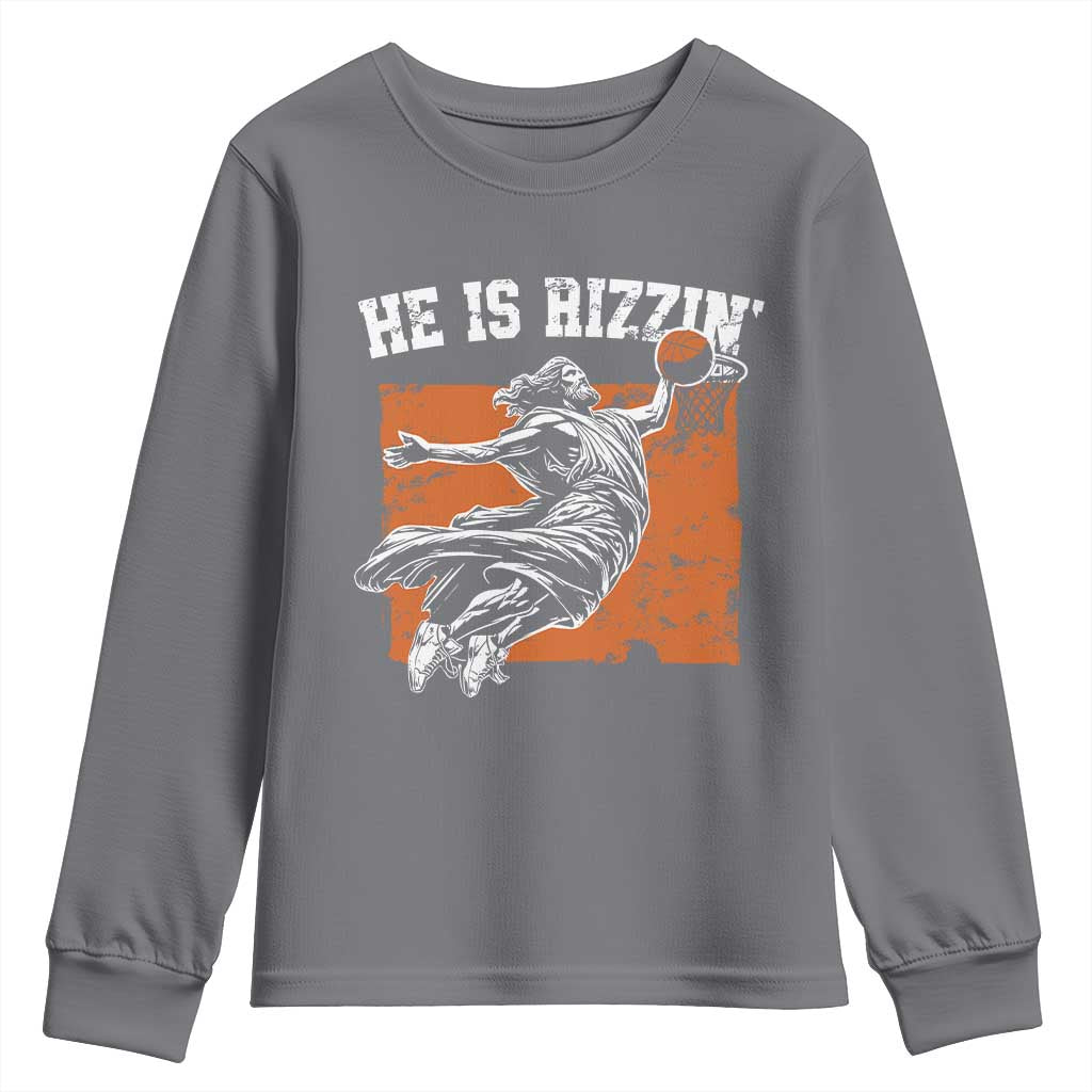 He is Rizzin Youth Sweatshirt Funny Jesus Playing Basketball Vintage Faith - Wonder Print Shop
