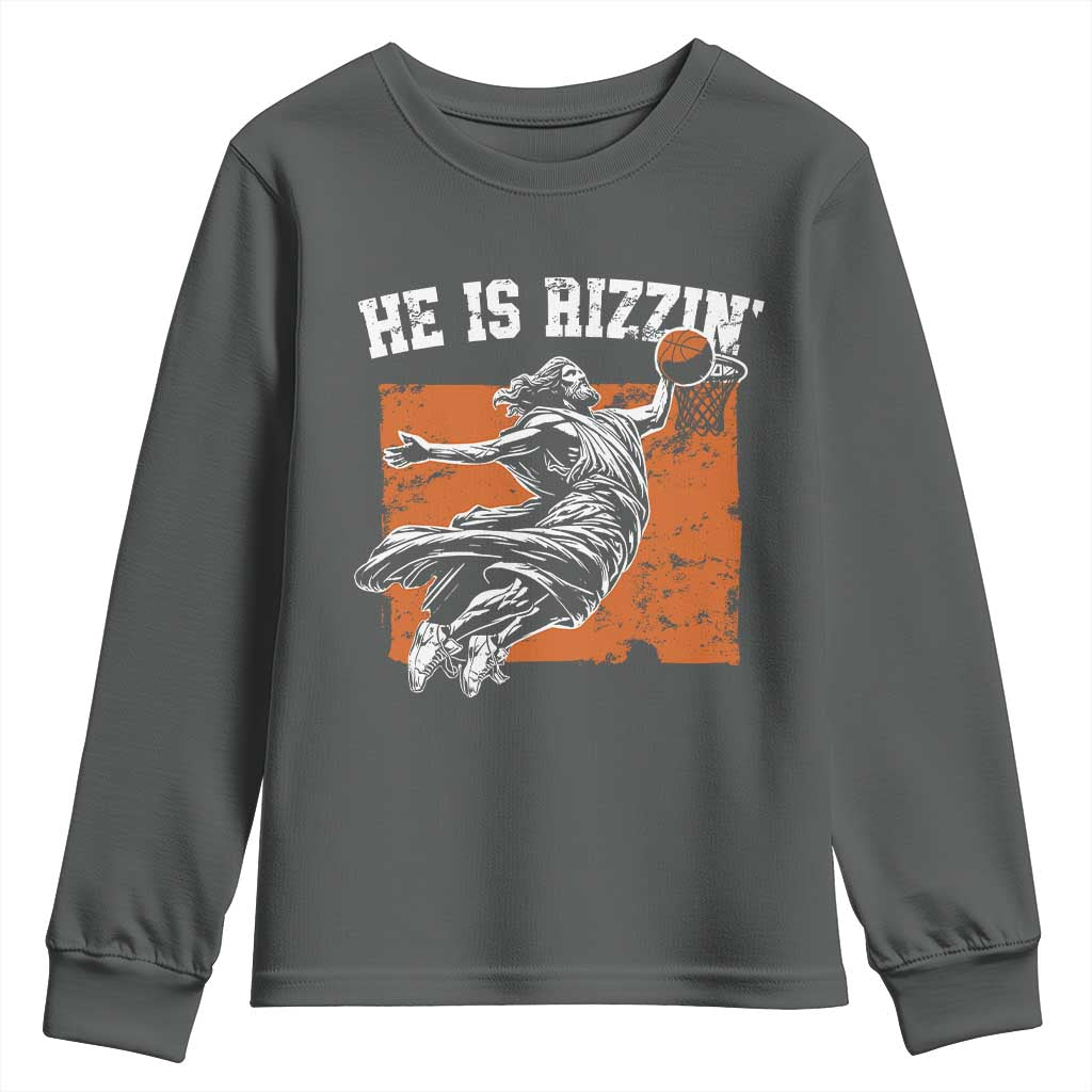 He is Rizzin Youth Sweatshirt Funny Jesus Playing Basketball Vintage Faith - Wonder Print Shop