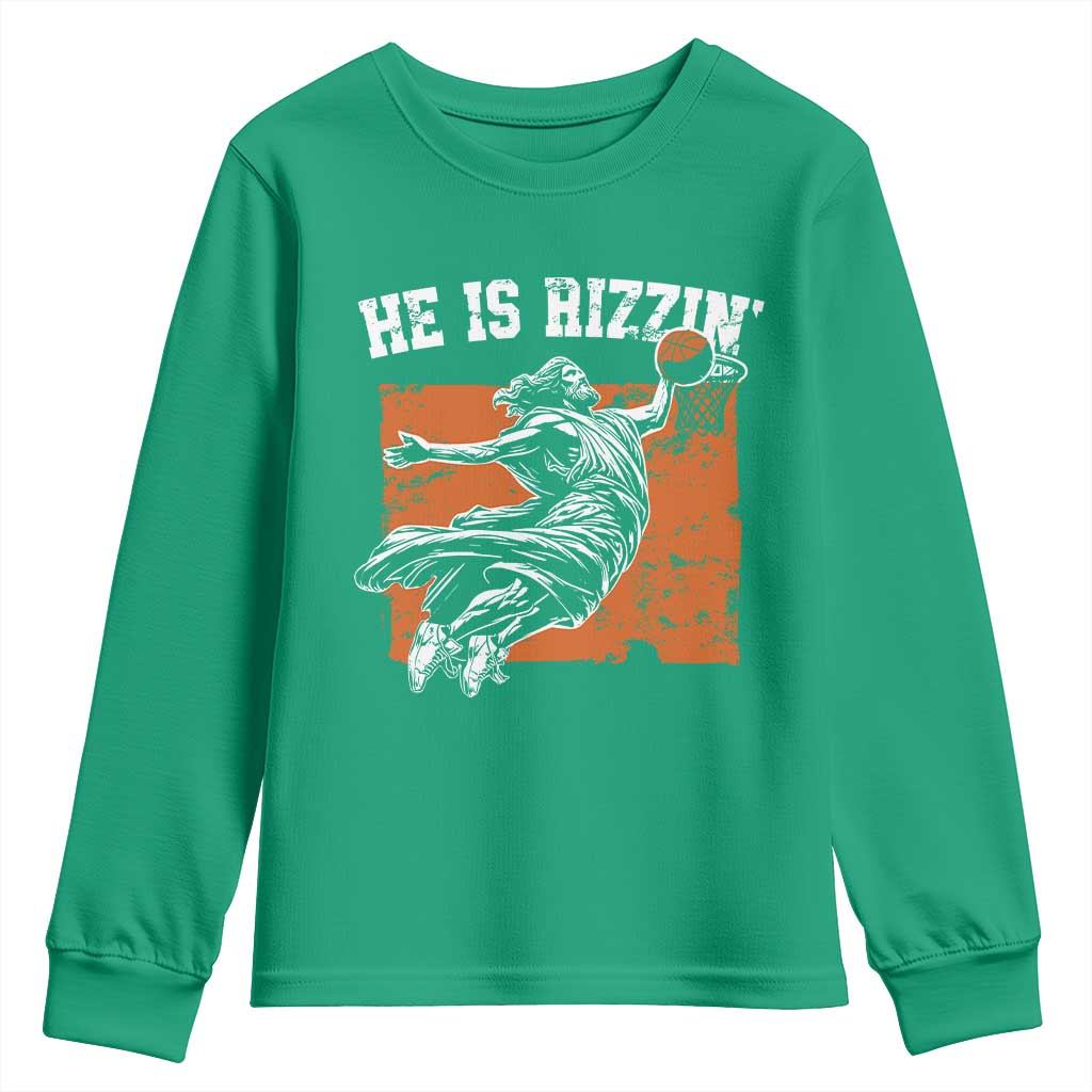 He is Rizzin Youth Sweatshirt Funny Jesus Playing Basketball Vintage Faith - Wonder Print Shop