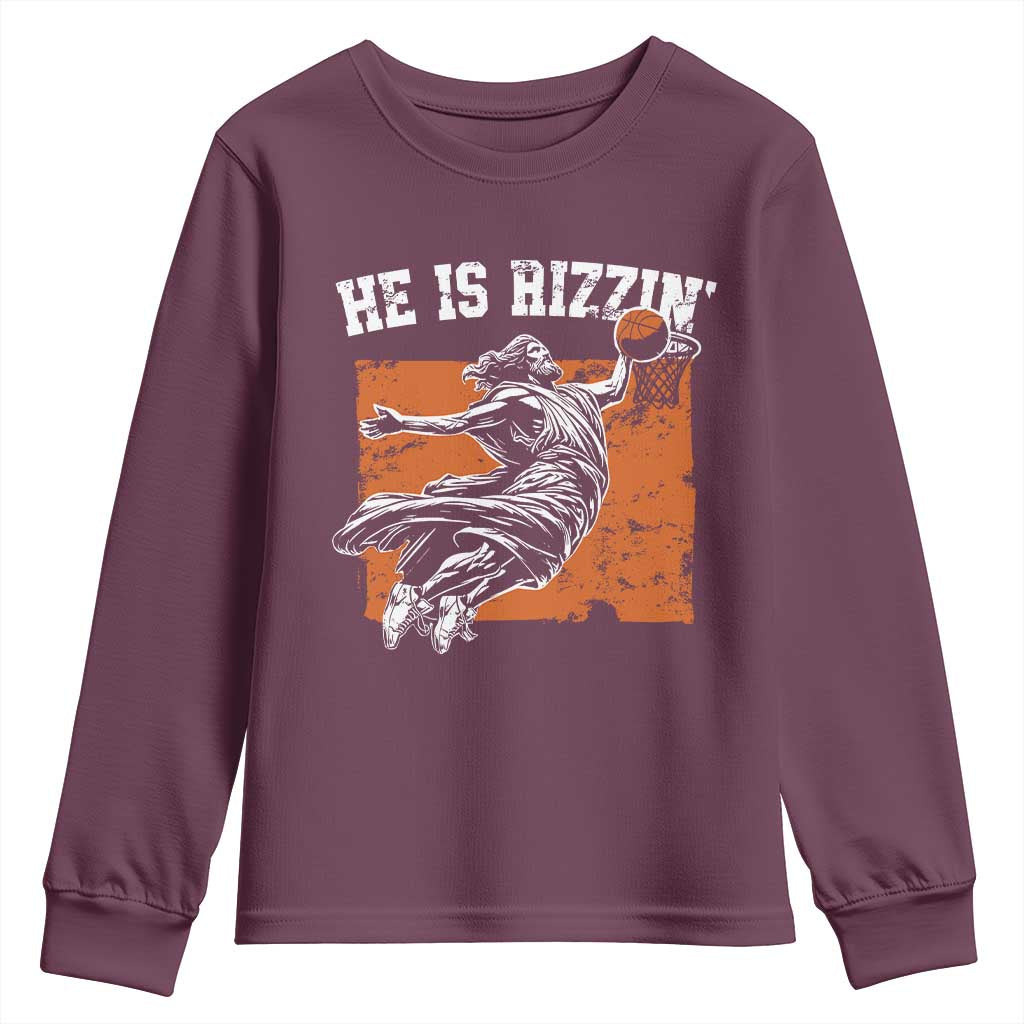He is Rizzin Youth Sweatshirt Funny Jesus Playing Basketball Vintage Faith - Wonder Print Shop