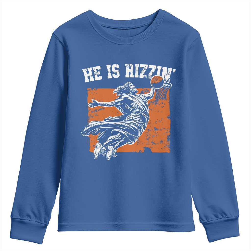 He is Rizzin Youth Sweatshirt Funny Jesus Playing Basketball Vintage Faith - Wonder Print Shop