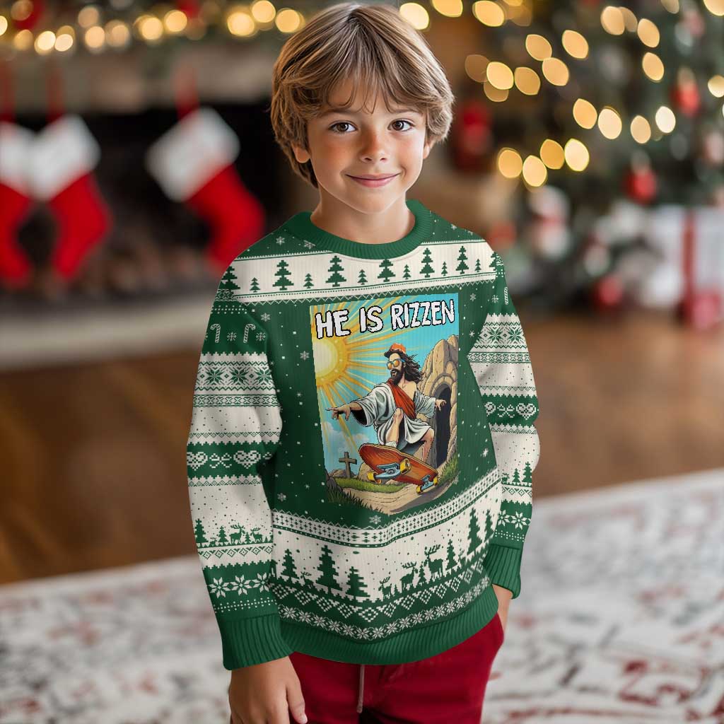 He is Rizzen Ugly Christmas Sweater Funny Jesus Skateboarding Christian Meme - Wonder Print Shop