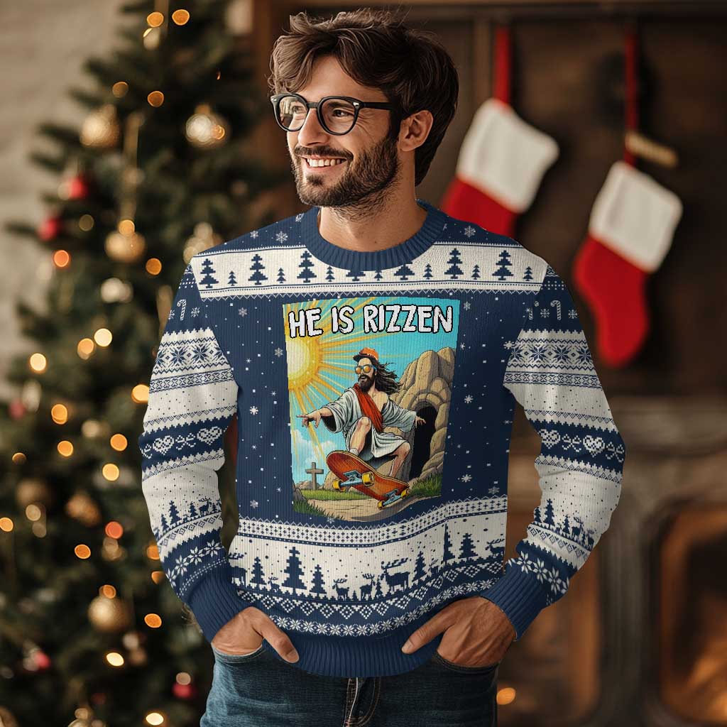 He is Rizzen Ugly Christmas Sweater Funny Jesus Skateboarding Christian Meme - Wonder Print Shop