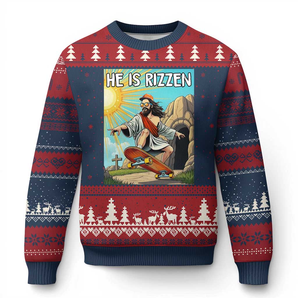 He is Rizzen Ugly Christmas Sweater Funny Jesus Skateboarding Christian Meme - Wonder Print Shop