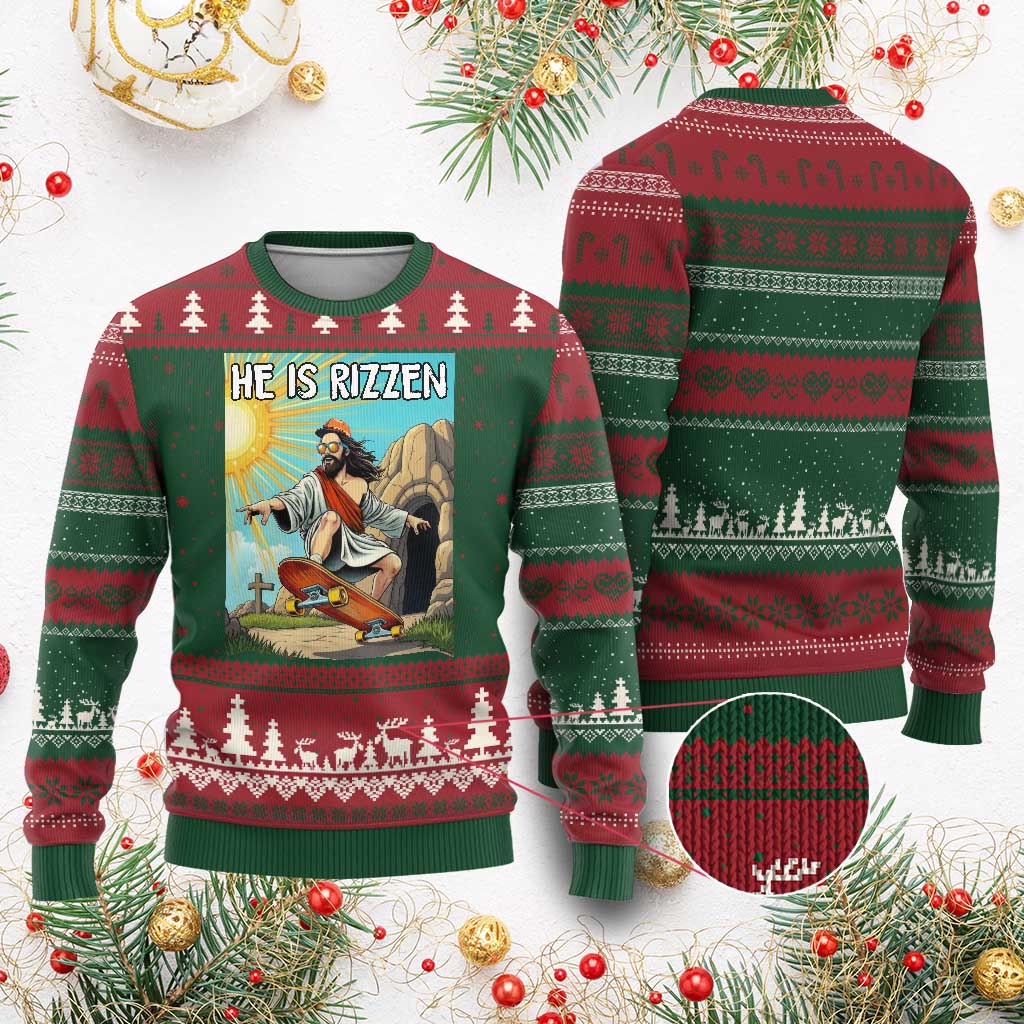 He is Rizzen Ugly Christmas Sweater Funny Jesus Skateboarding Christian Meme - Wonder Print Shop