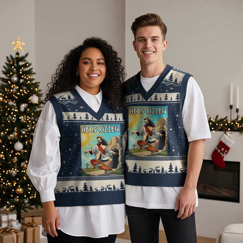 He is Rizzen V-Neck Knit Sweater Vest Funny Jesus Skateboarding Christian Meme - Wonder Print Shop