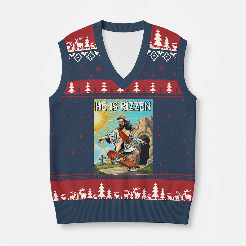 He is Rizzen V-Neck Knit Sweater Vest Funny Jesus Skateboarding Christian Meme - Wonder Print Shop