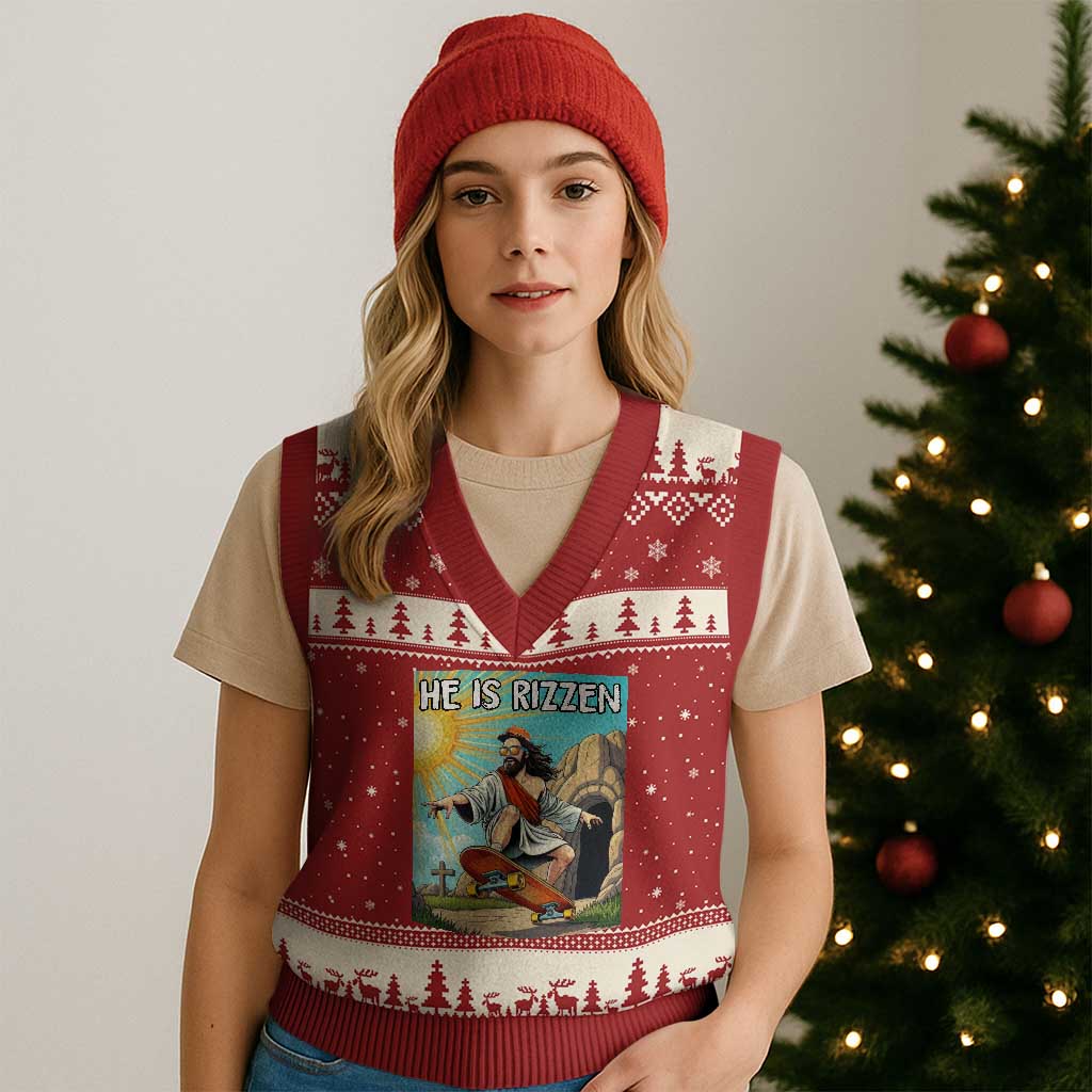 He is Rizzen V-Neck Knit Sweater Vest Funny Jesus Skateboarding Christian Meme - Wonder Print Shop