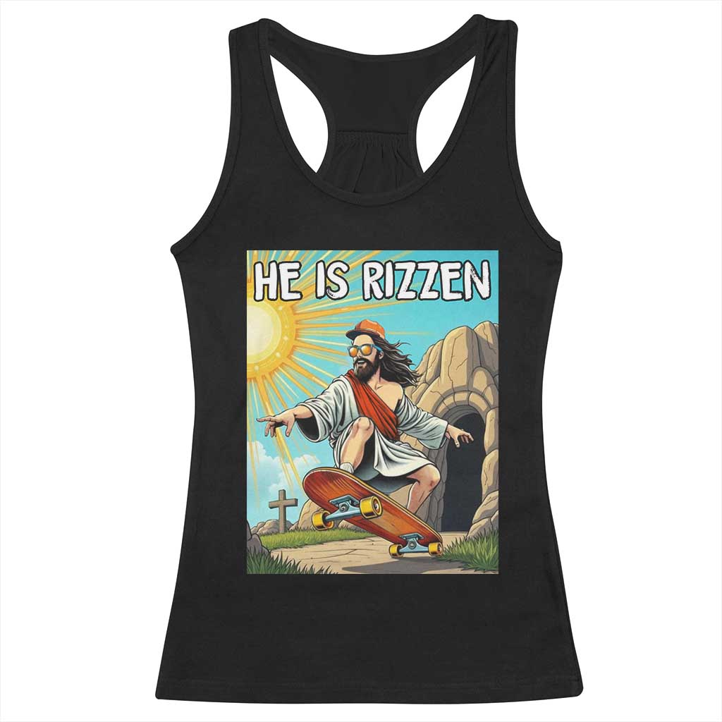 He is Rizzen Racerback Tank Top Funny Jesus Skateboarding Christian Meme - Wonder Print Shop
