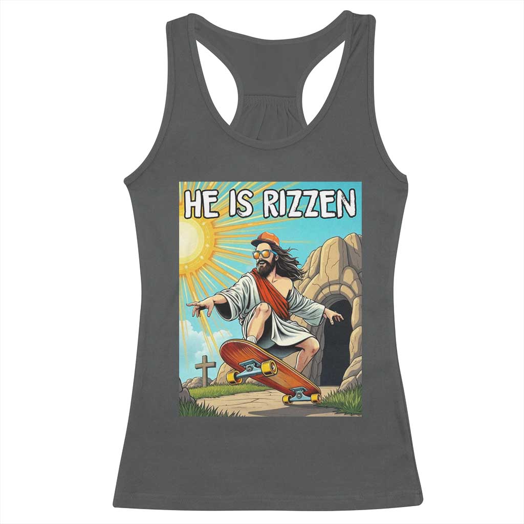 He is Rizzen Racerback Tank Top Funny Jesus Skateboarding Christian Meme - Wonder Print Shop
