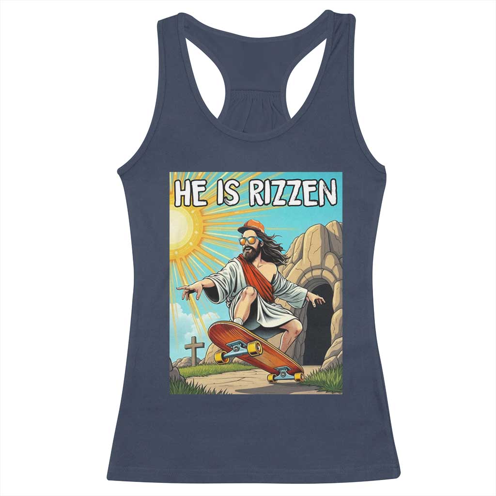 He is Rizzen Racerback Tank Top Funny Jesus Skateboarding Christian Meme - Wonder Print Shop