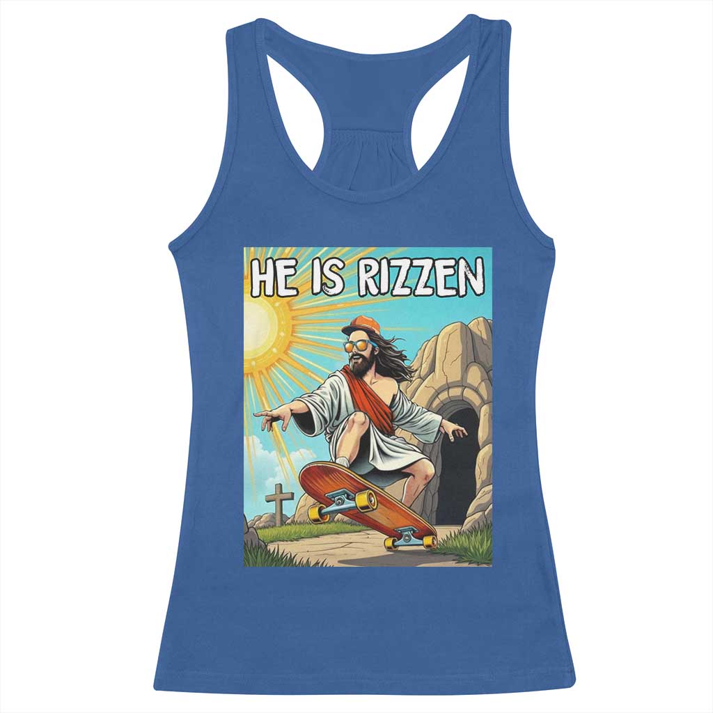 He is Rizzen Racerback Tank Top Funny Jesus Skateboarding Christian Meme - Wonder Print Shop