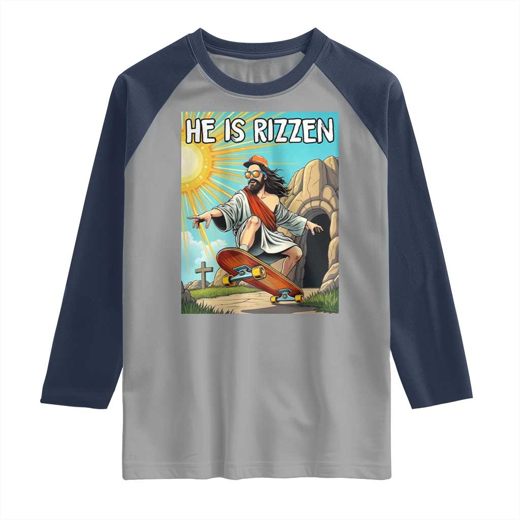 He is Rizzen Raglan Shirt Funny Jesus Skateboarding Christian Meme - Wonder Print Shop