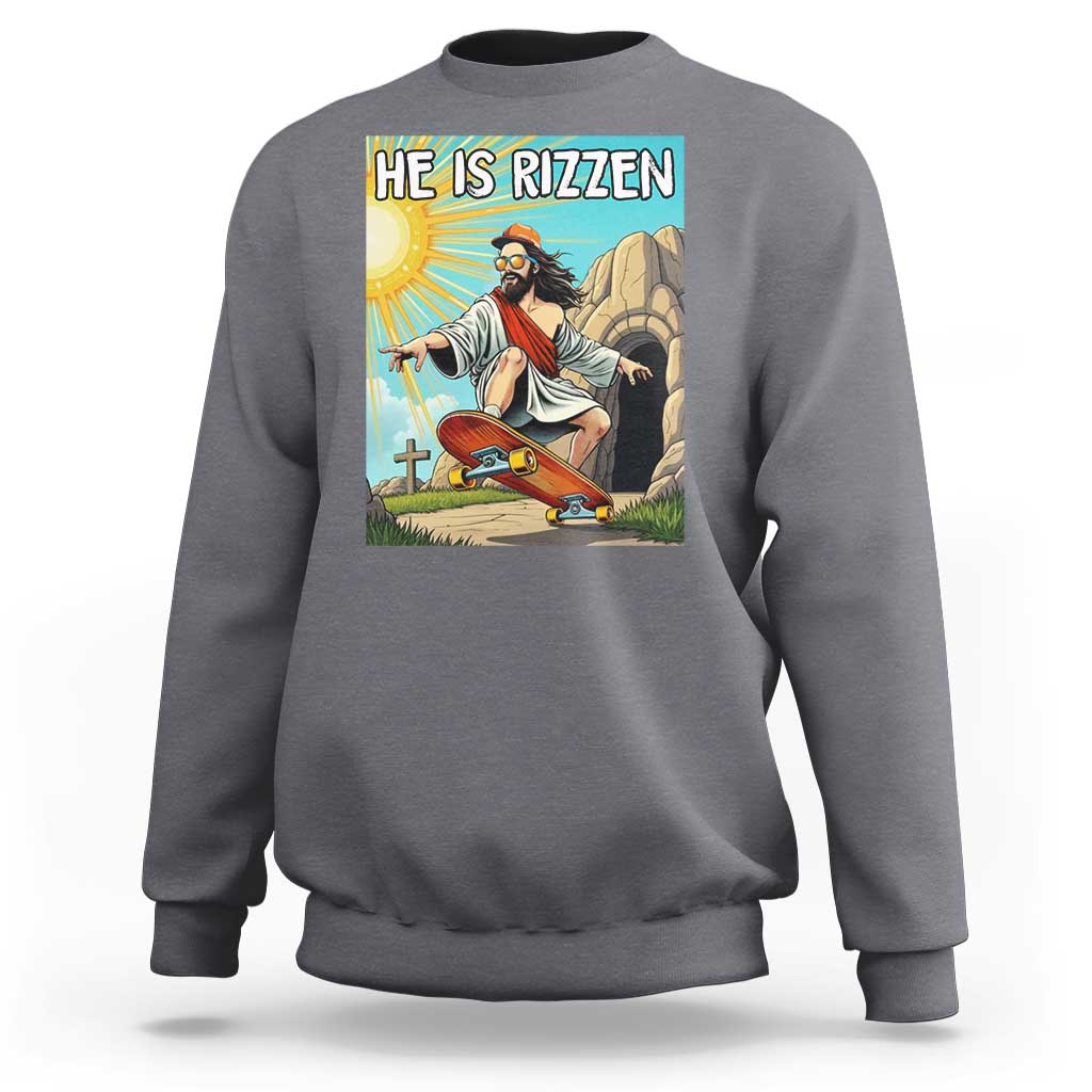 He is Rizzen Sweatshirt Funny Jesus Skateboarding Christian Meme - Wonder Print Shop
