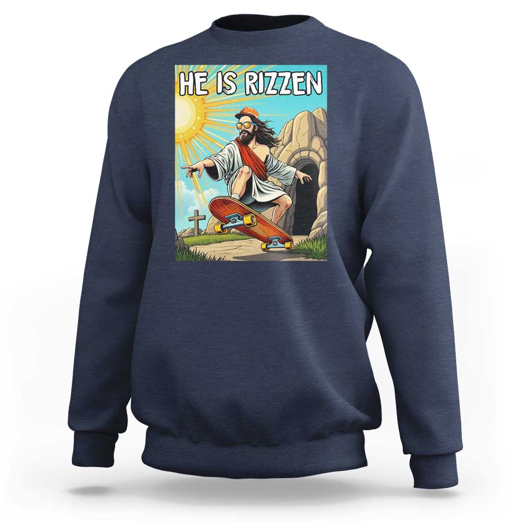 He is Rizzen Sweatshirt Funny Jesus Skateboarding Christian Meme - Wonder Print Shop