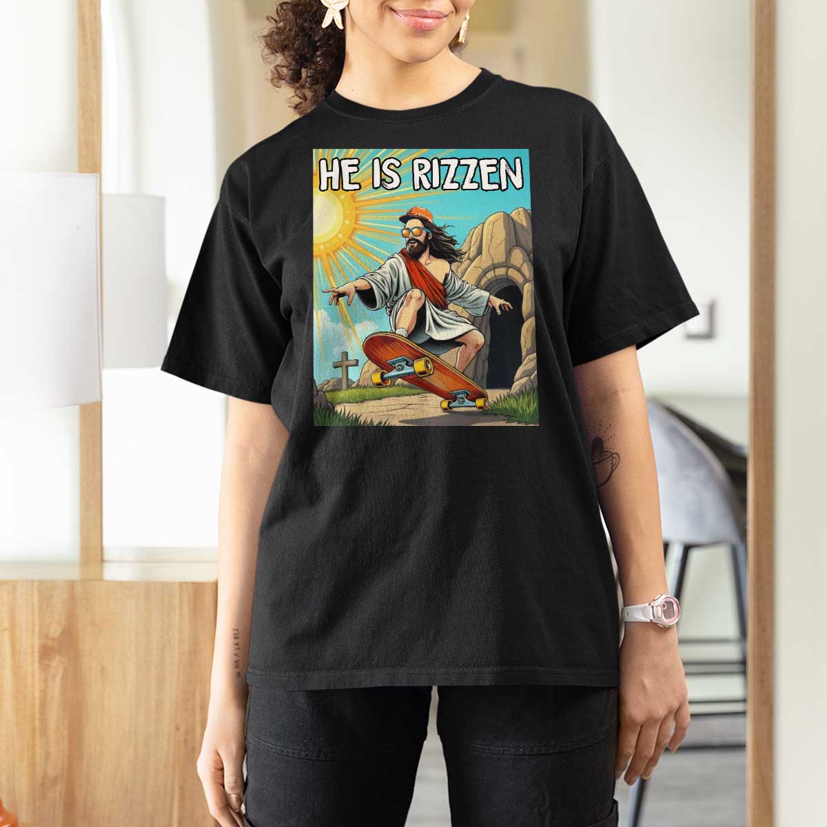 He is Rizzen T Shirt For Women Funny Jesus Skateboarding Christian Meme - Wonder Print Shop