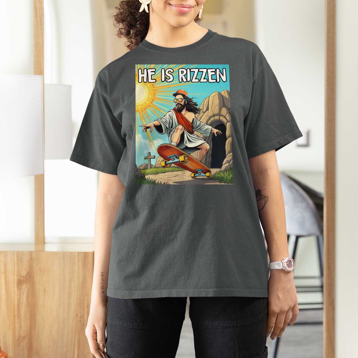 He is Rizzen T Shirt For Women Funny Jesus Skateboarding Christian Meme - Wonder Print Shop
