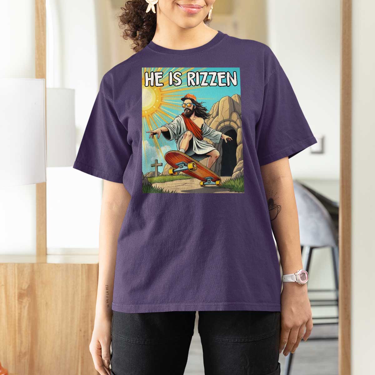 He is Rizzen T Shirt For Women Funny Jesus Skateboarding Christian Meme - Wonder Print Shop